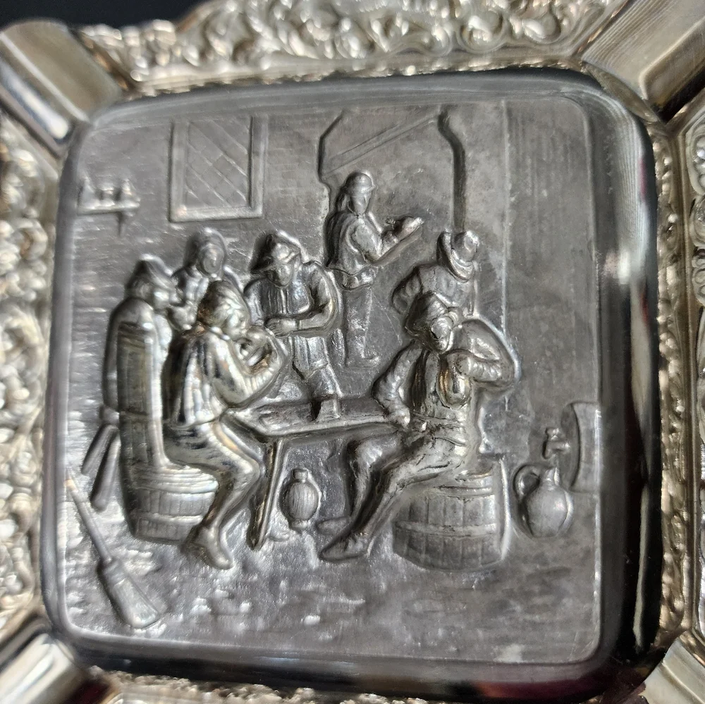 Antique Silver Plated Ashtray Ornate Detailed Men Tavern Table Vintage